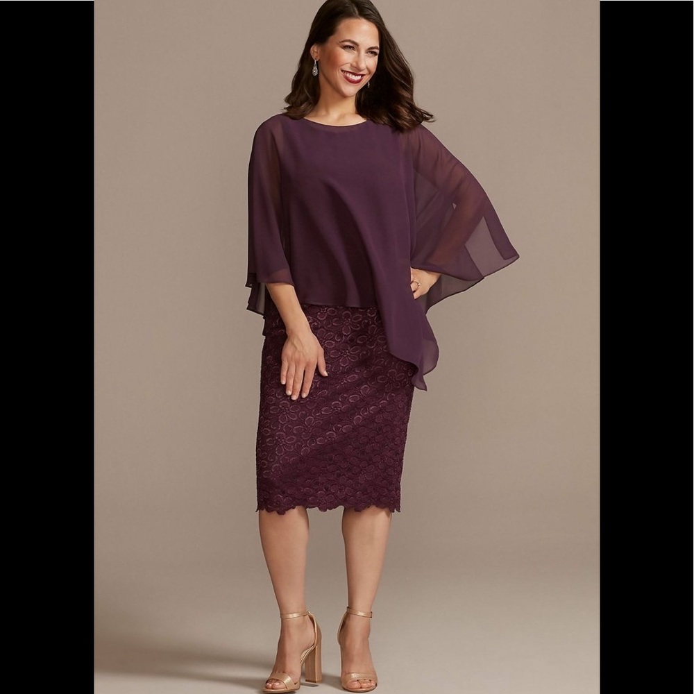 Short Lace Sheath Dress with Capelet Oleg Cassini ~ size 14 ~ plum ~ like new